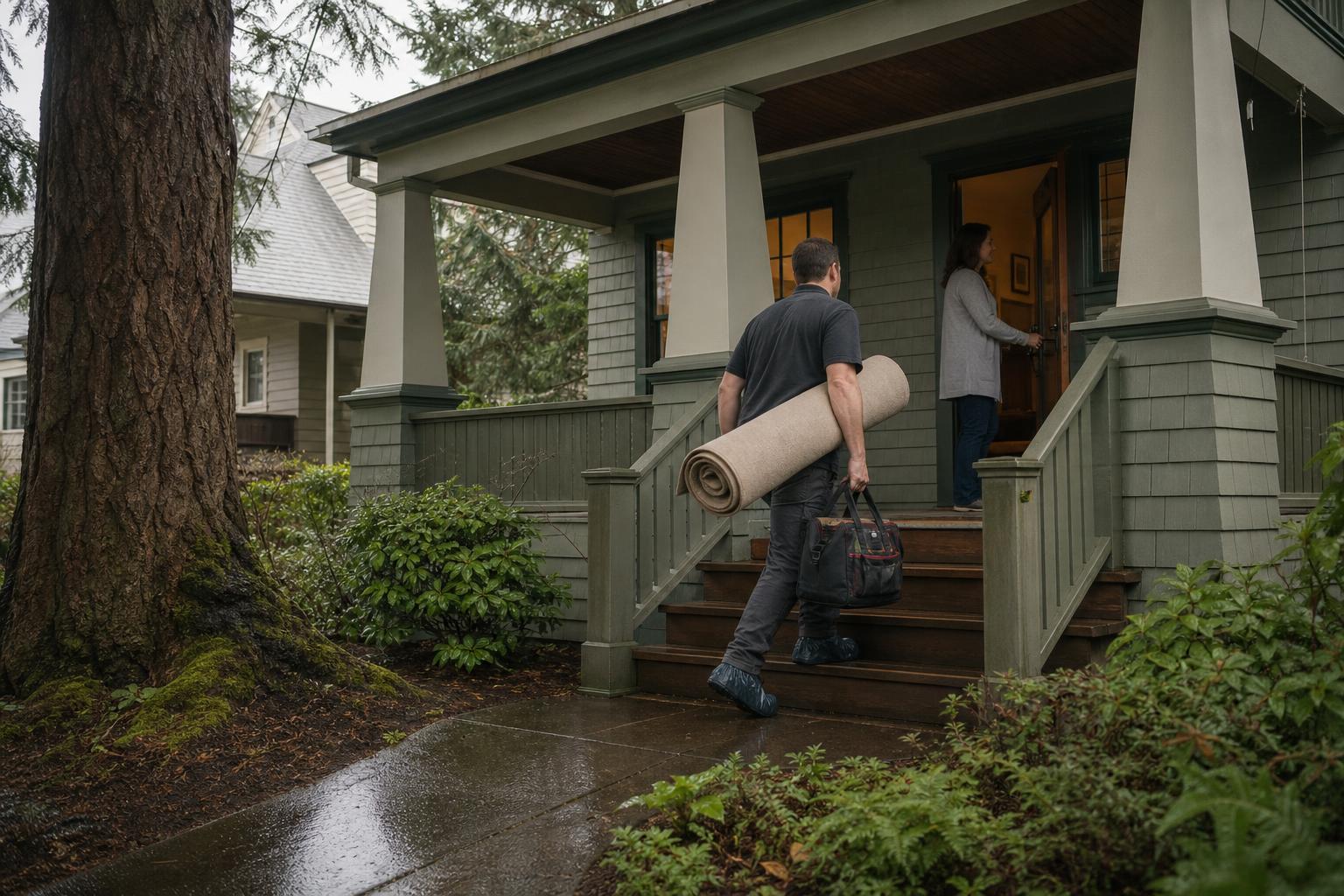 A plumber carrying a floor runner and tool bag up the front steps of a green Craftsman house on a wet Seattle street, while the homeowner holds the door open