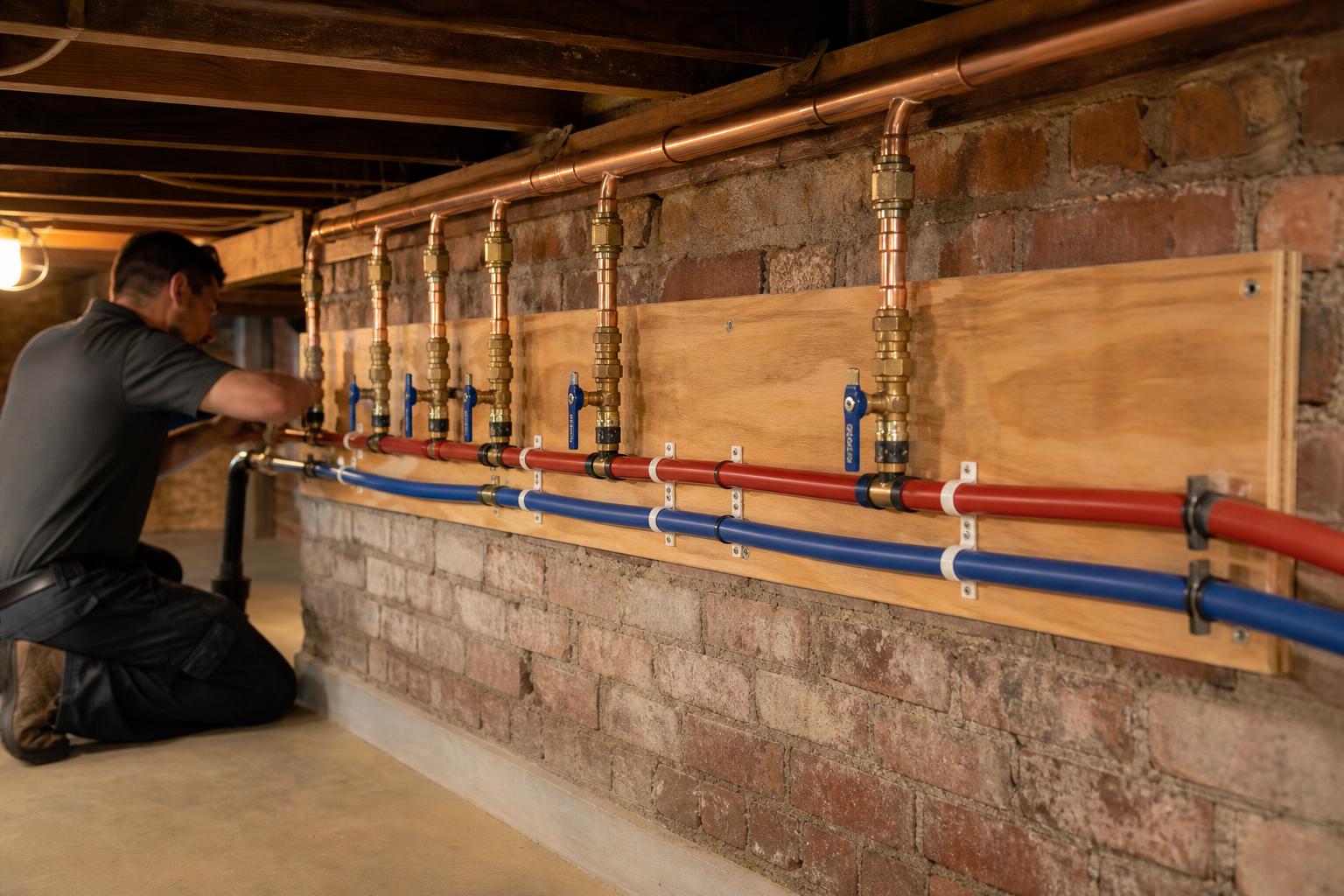 Illustrative example: new copper and PEX water lines with labeled shutoff valves
