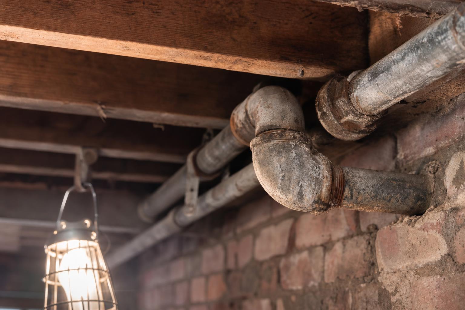 Illustrative example: corroded galvanized steel water supply pipes with rust scale at the joints