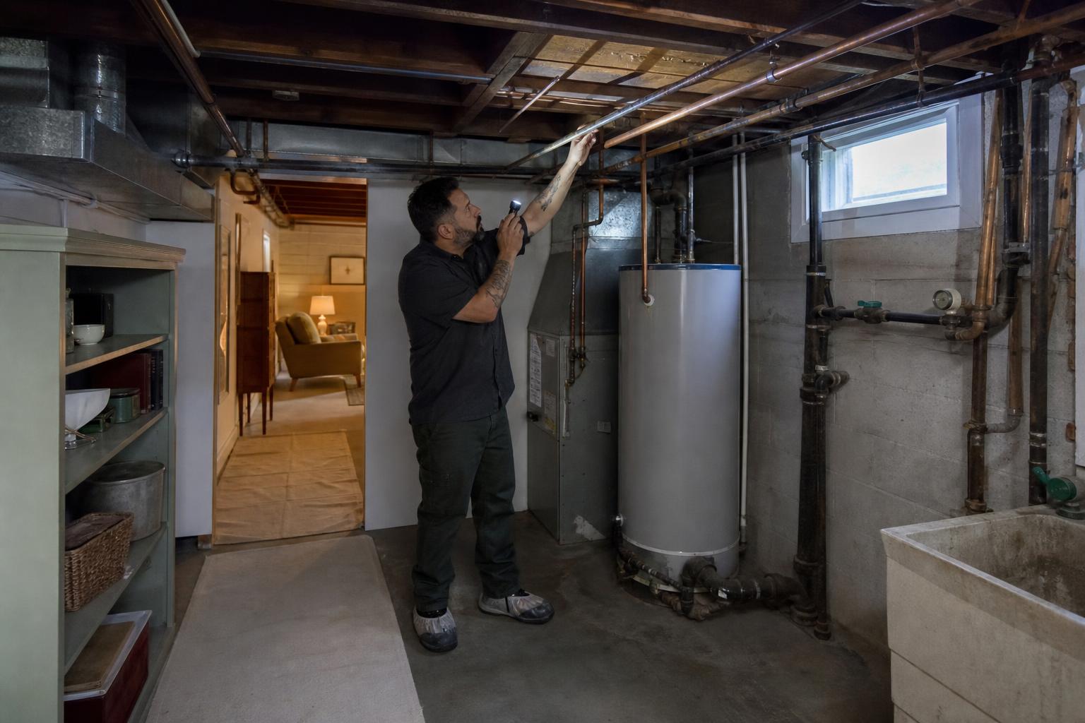 A plumber stands in a basement utility room shining a light on copper pipe runs above the water heater and furnace.