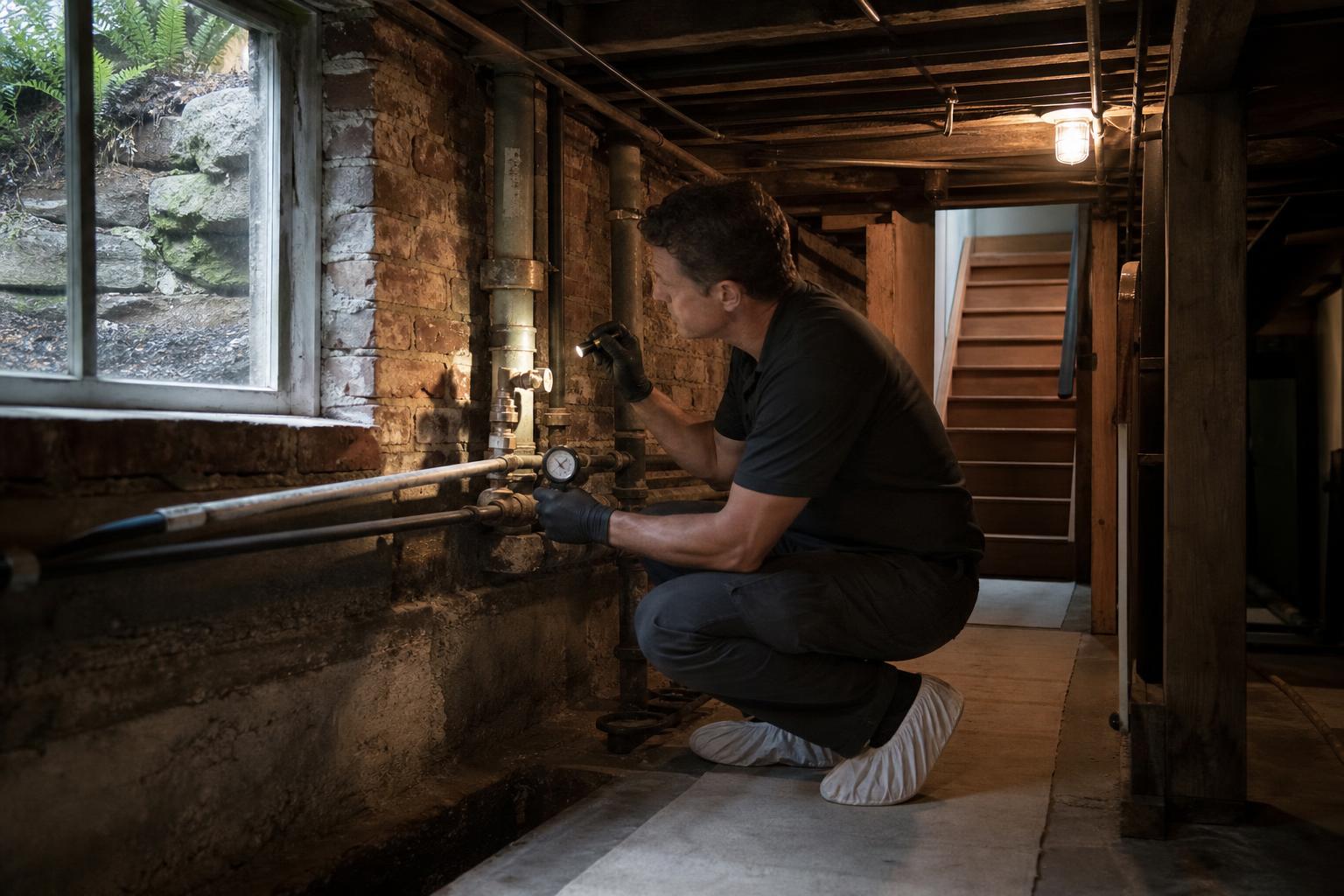 A plumber crouches in a stone-walled basement, flashlight on a galvanized supply line fitted with a pressure gauge.