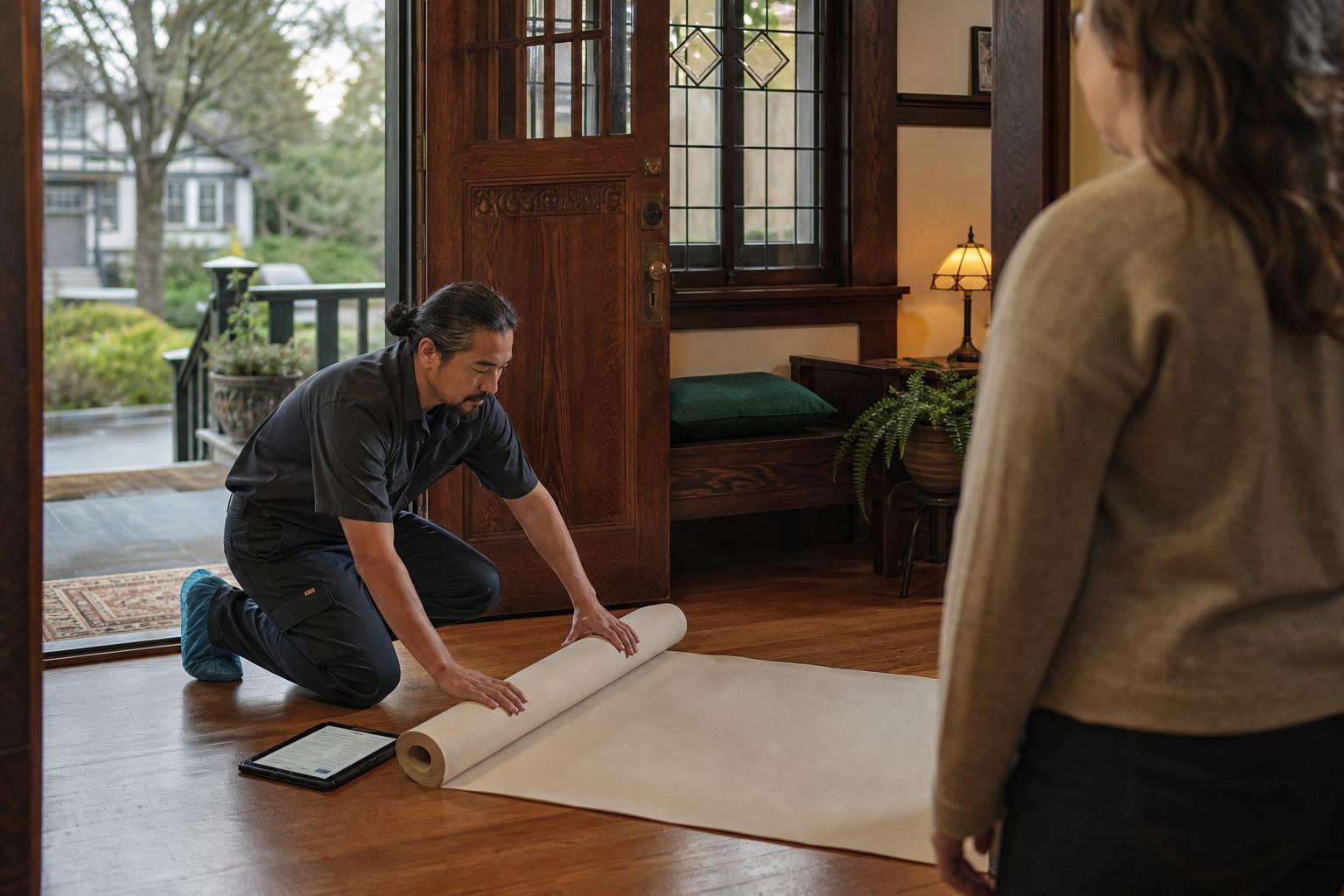 A plumber unrolls a paper floor runner just inside a front door while the homeowner watches from the hall.