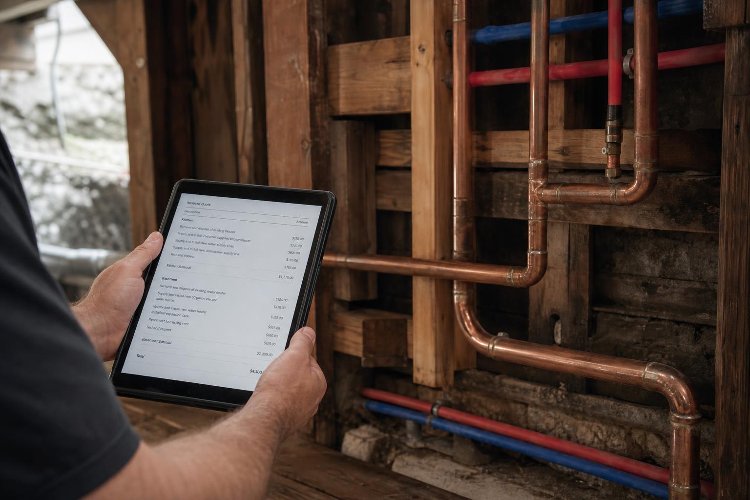 Hands hold a tablet showing a line-item estimate in front of an open stud wall of new copper and PEX piping.