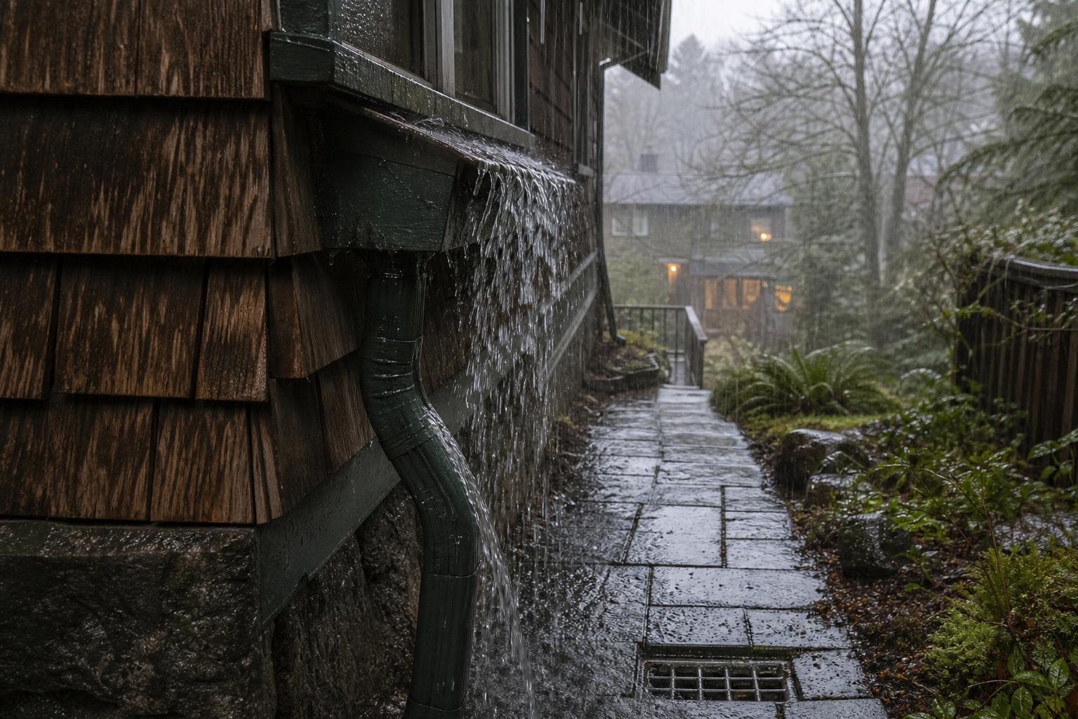 Rain overflows a blocked gutter and sheets down the side of a shingled house onto a stone walkway.