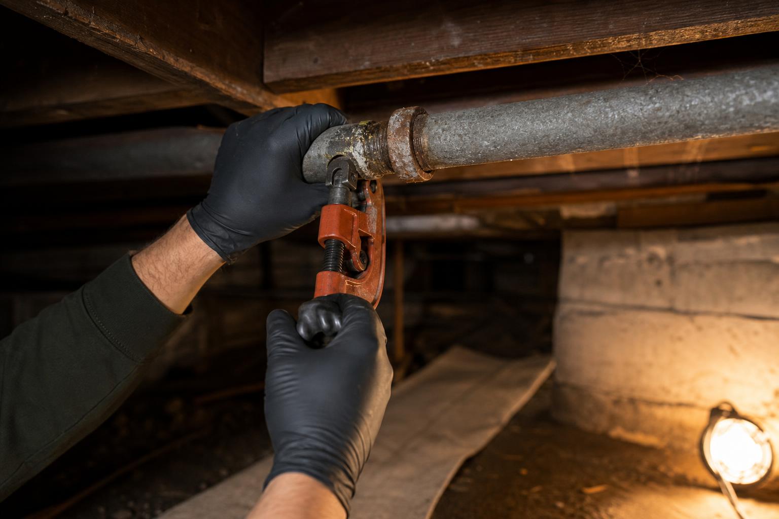 Gloved hands tighten a pipe cutter around a corroded galvanized water line in a crawlspace lit by a work lamp.