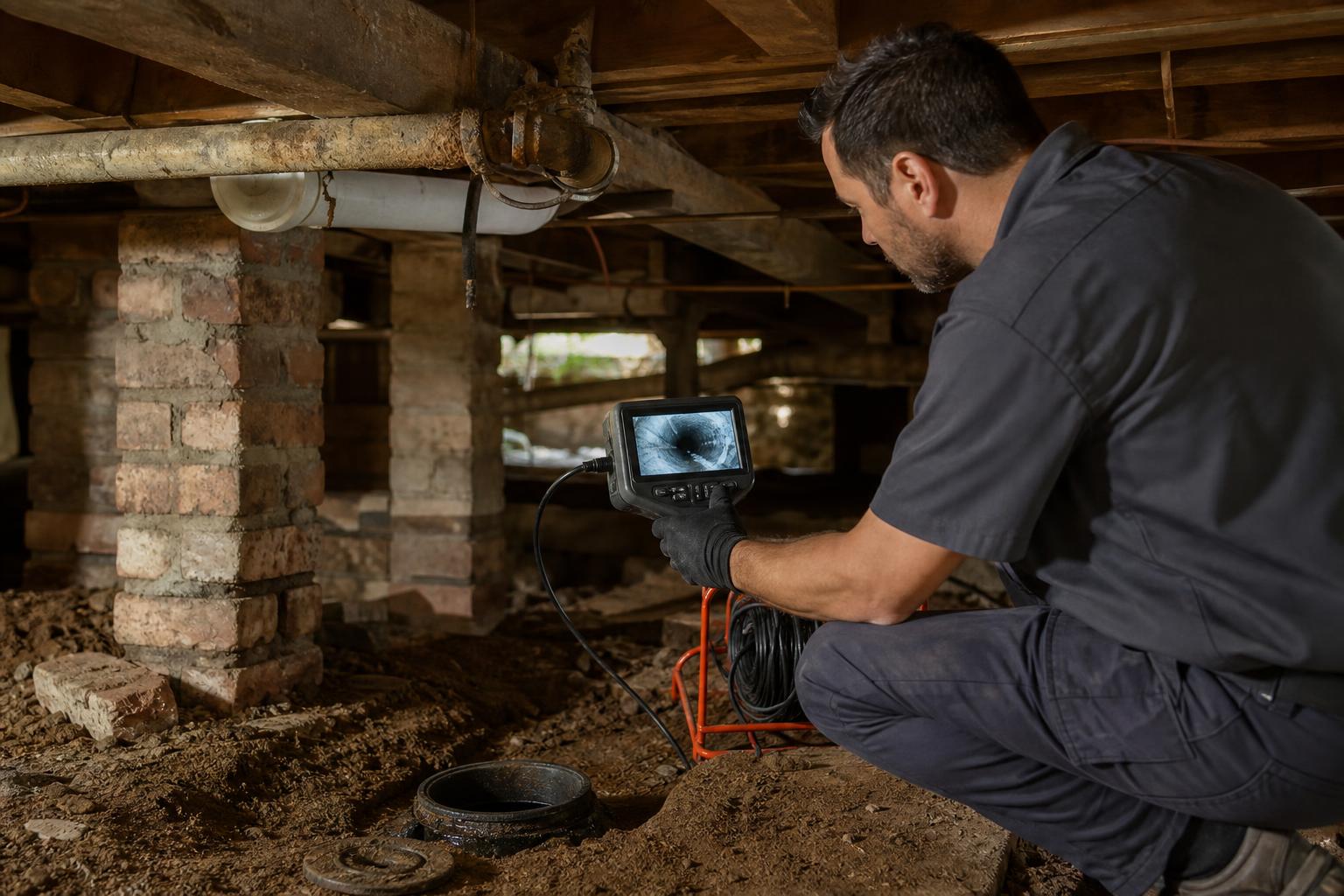 A technician crouched in a dirt crawlspace watches a sewer camera monitor showing the inside of a pipe.