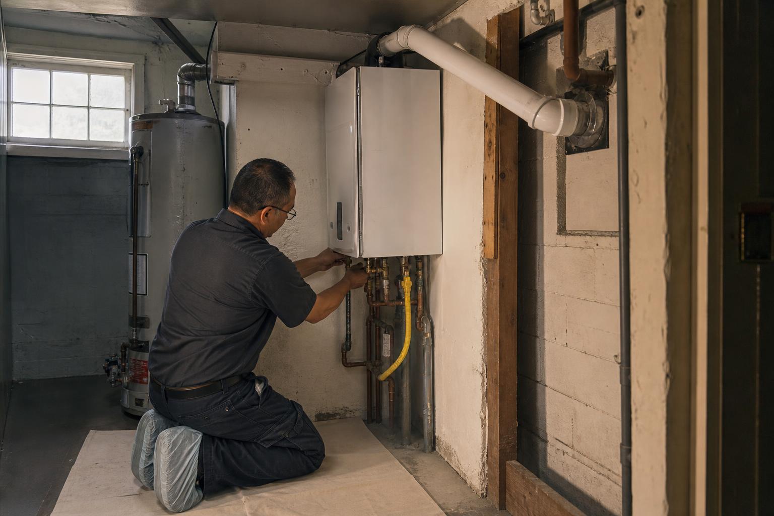 A plumber works at a wall-mounted tankless water heater in a basement, the old tank unit still standing beside it.